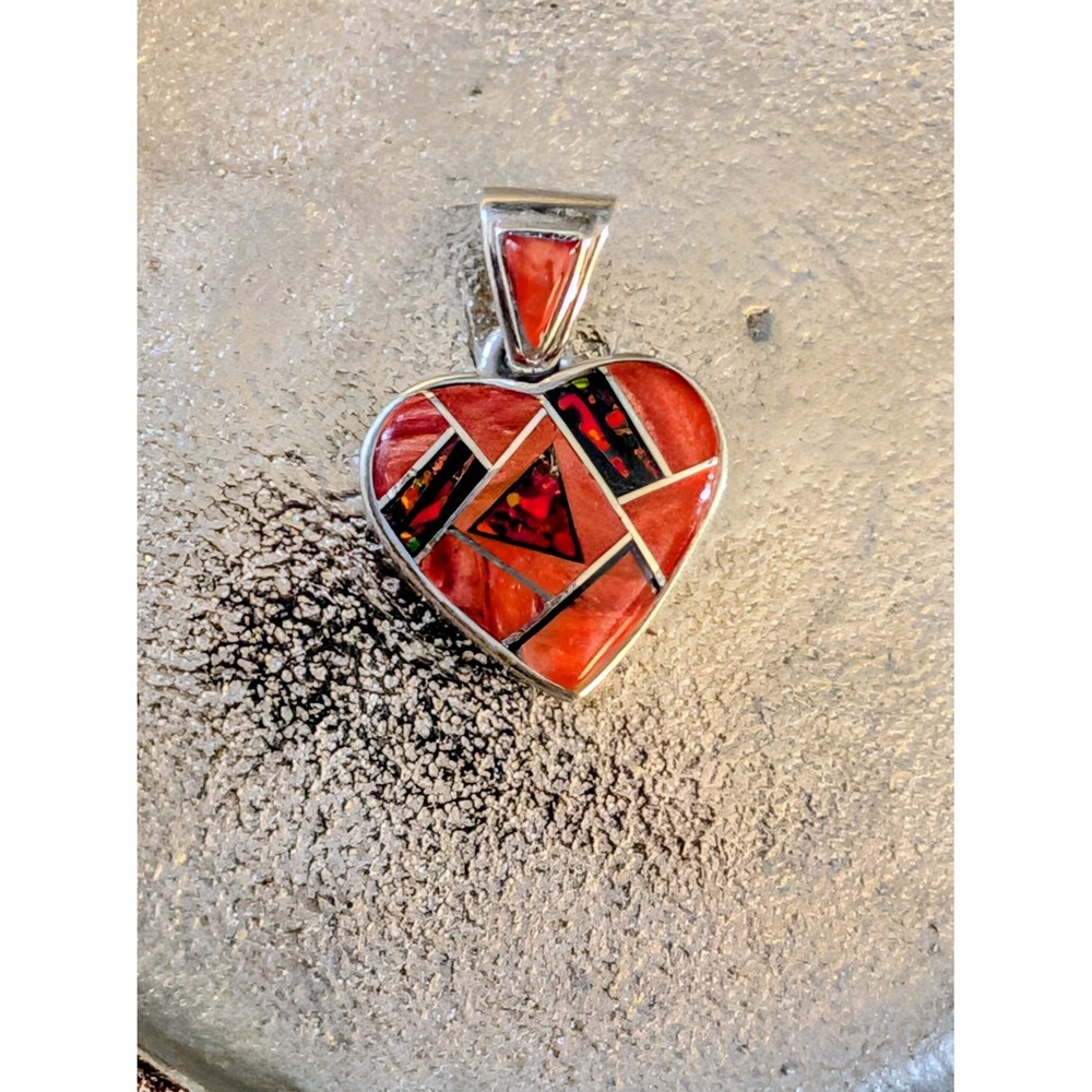 Calvin Begay Navajo Heart Pendant Sterling Silver Spiny Oyster Onyx Opal Inlay